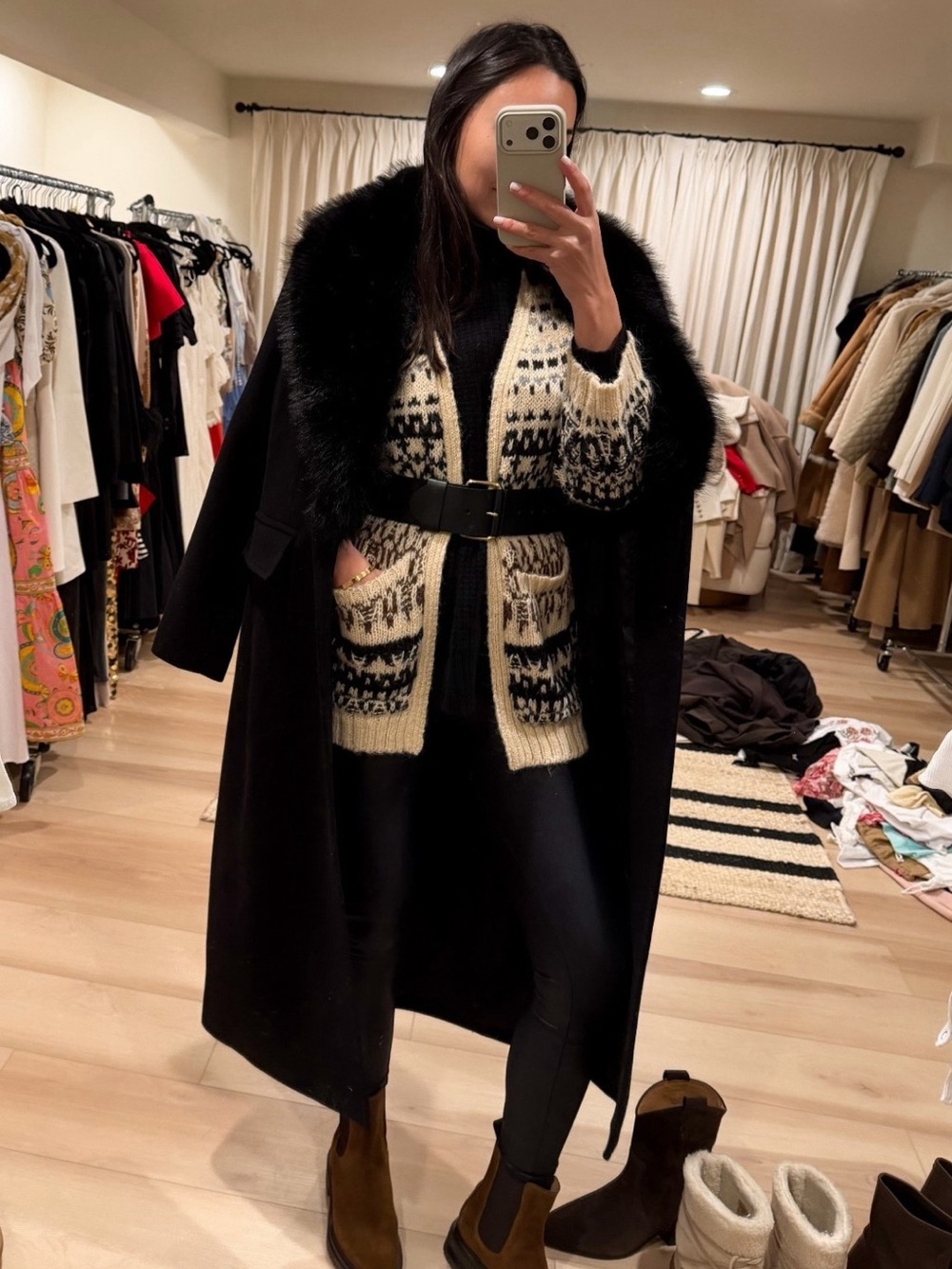 Gerard Darel Black & Cream Fair Isle Belted Cardigan